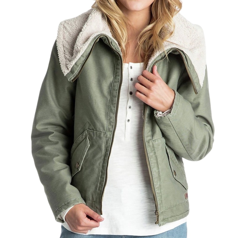 Roxy Utility Jacket Sherpa Lined Olive Green Full‎ Zip Cotton Military Women XL